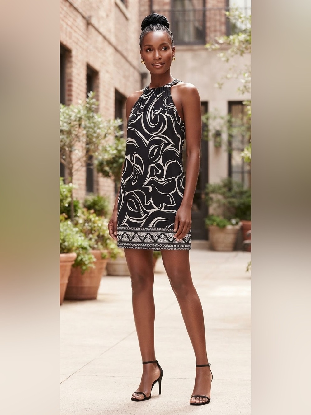 White House Black Market Black & White Halter-Style Print Camisole